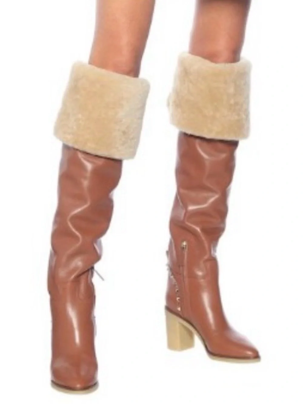 Valentino Garavani Cognac Studded Over-the-Knee Leather & Shearling Boots